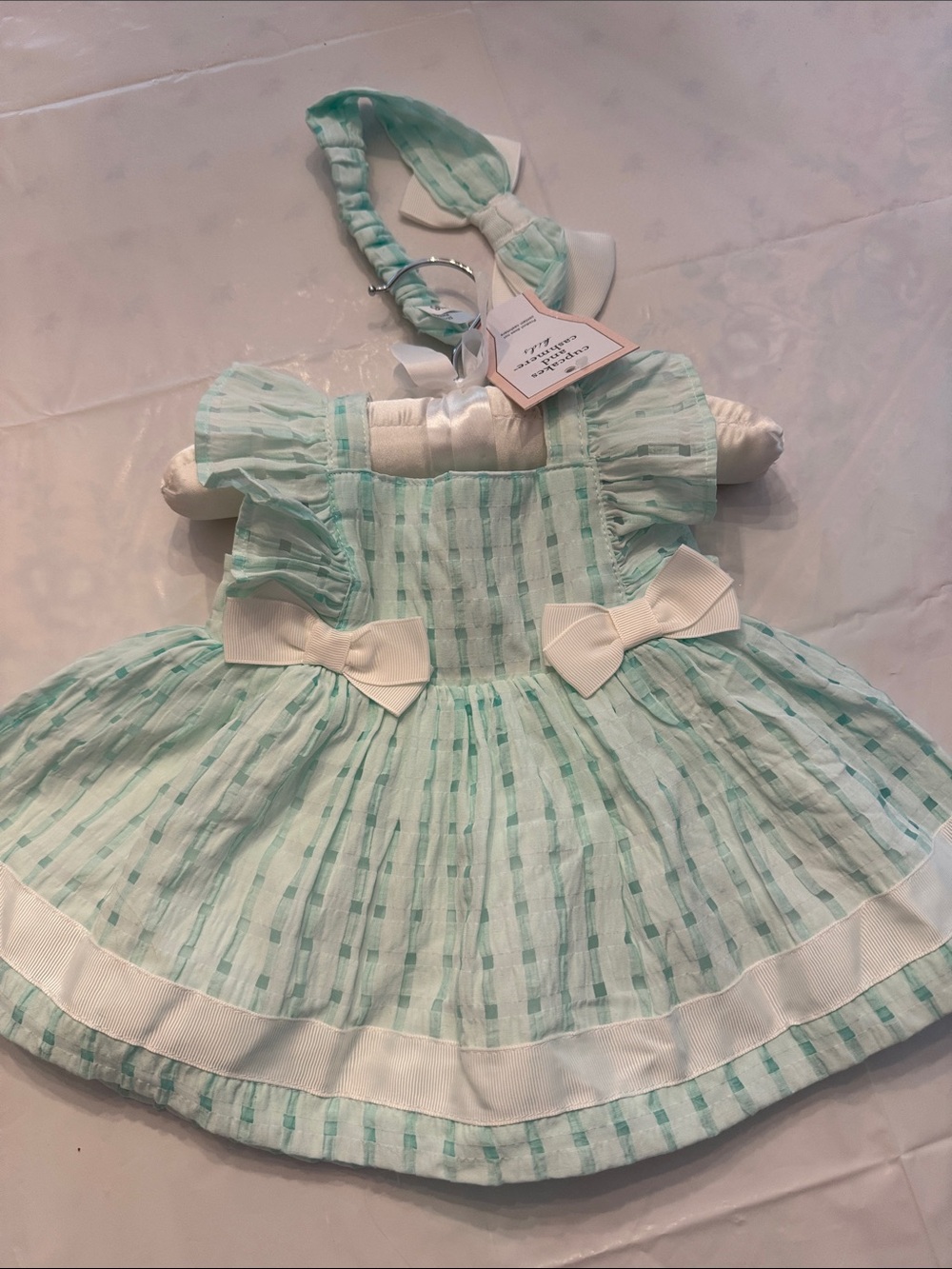 cupcakes & cashmere Mint Green Striped Ruffle Bow Dress with Headband